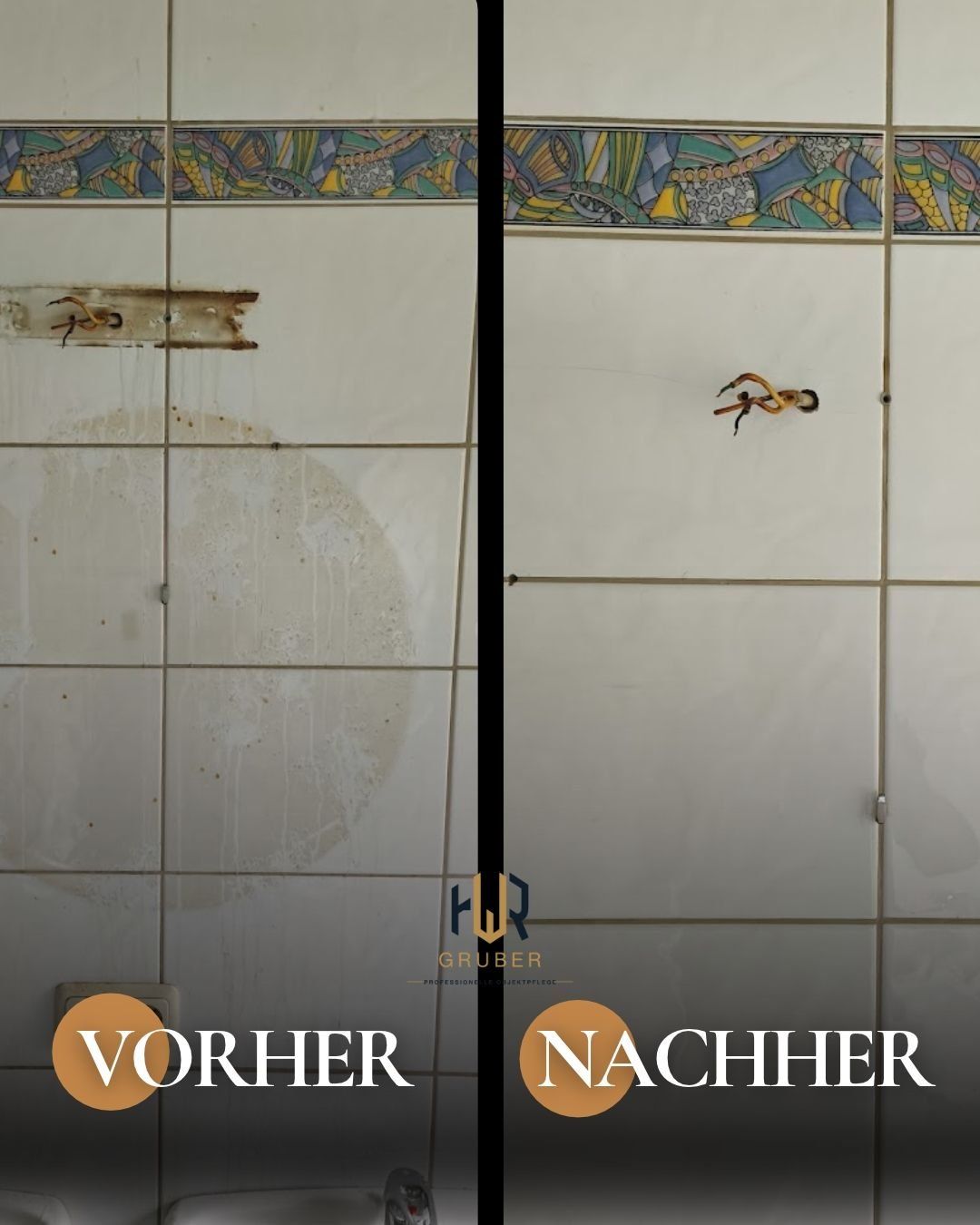 Vergleichsbild: Wandfliesen vor und nach der Grundreinigung